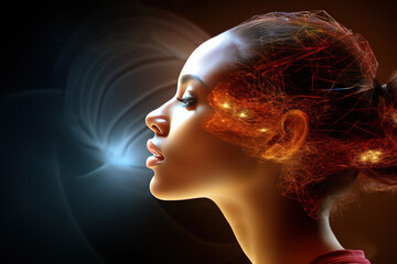 Obraz premium Illustration of a side profile of a woman thinking about universe and her head transforms into it. 