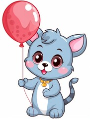 Cartoon sticker cute kitten with balloon, AI