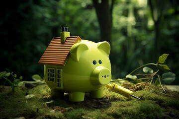 green electric plug connected to a house alongside a piggy bank. Generative AI