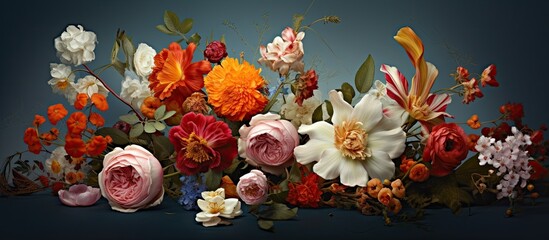 Arrangement of various flowers in natural light, with a painterly touch.
