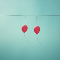 Two balloons hanging on a wire.Minimal party summer creative concept