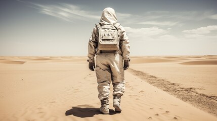 Astronaut Lone Figure Trekking Vast Desert of Desolation