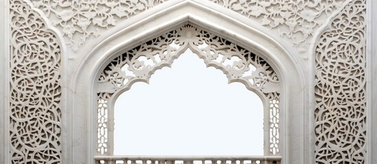 Taj Mahal: Ornamented arched vault on white marble, latticed window, view from below, close-up in India, Agra.