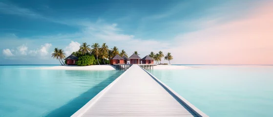 Keuken foto achterwand Strand zonsondergang tropical minimalist mockup. Luxury panoramic view at exotic resort on turquoise seascape background. Bungalow, villas on beautiful beach on the ocean. Spa, leisure, concept. Generative ai