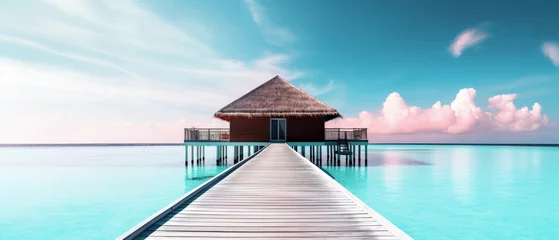Keuken foto achterwand Strand zonsondergang tropical minimalist mockup. Luxury panoramic view at exotic resort on turquoise seascape background. Bungalow, villas on beautiful beach on the ocean. Spa, leisure, concept. Generative ai
