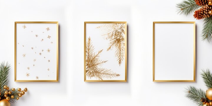 Holiday-themed photo frame with golden accents, white background, winter, new year, flat lay, top view, copy space.