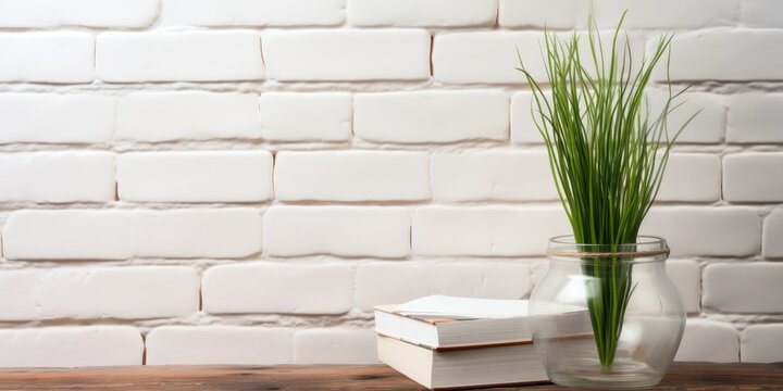 Glass vase with grass, books, and coffee cup on white table against brick wall.