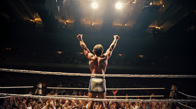 An exultant wrestler stands triumphantly atop the ropes with cheering fans in the background. Capturing the joy of victory, this image is perfect for conveying success or celebration.