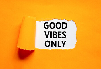 Good vibes only symbol. Concept word Good vibes only on beautiful white paper. Beautiful orange table orange background. Business motivational good vibes only concept. Copy space. - obrazy, fototapety, plakaty