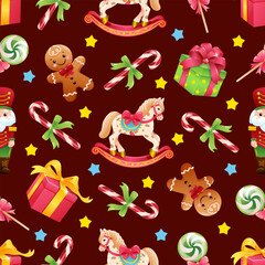 Fototapeta premium Seamless pattern with cute cartoon Christmas elements. Hand drawn vector illustration. Funny xmas background