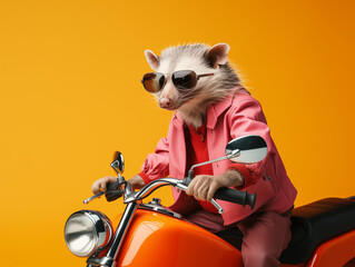 A Cool Opossum Riding a Motorcycle on a Solid Background - obrazy, fototapety, plakaty