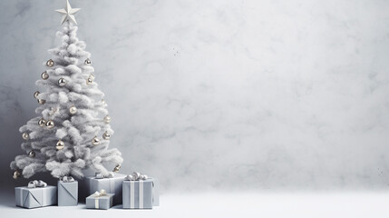 Festive white Christmas tree with decorations and presents, soft gradient white background 