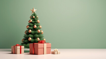 Fototapeta premium Festive winter Christmas tree with decorations and presents, soft gradient green background 