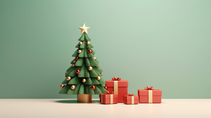 Festive winter Christmas tree with decorations and presents, soft gradient green background 