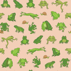 Seamless pattern of cute frog in sitting pose background.Animal character cartoon design. Vector illustration.
