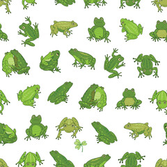 Seamless pattern of cute frog in sitting pose background.Animal character cartoon design. Vector illustration.