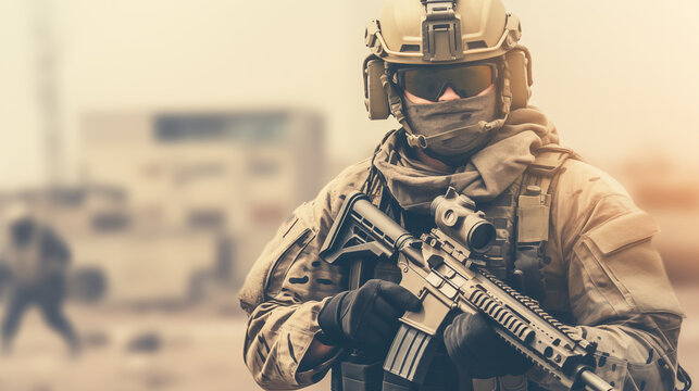 Individual in Full Military Gear with Combat-Ready Rifle