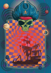 Psychedelic Poster Template. Captain's Skull in Cocked Hat, Shipwreck, Psychedelic Color and Abstract Shapes Background 