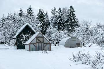 Fototapeta na wymiar garden in winter, covered with snow, fruit trees, garden house and garden accessories