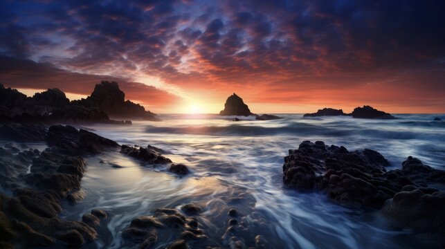  a sunset over the ocean with rocks in the foreground and a body of water with waves in the foreground.