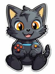 Cartoon sticker cute gamer kitten with game joystick, AI