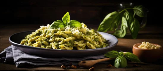 Fototapeten Authentic Ligurian cuisine featuring trofie pasta with basil and pine nut pesto. © AkuAku