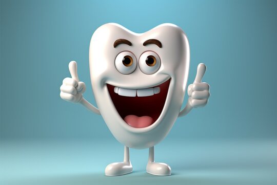 Toothy endorsement 3D illustration of a tooth character with thumbs up