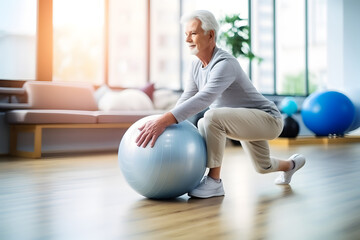 Naklejka premium Senior Caucasian man doing exercise with a swiss ball at a gym