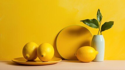  three lemons sitting on a plate next to a vase with a plant in it and a plate with two lemons on it.