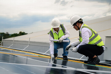 Engineers or Specialist technicians team, Check the quality of installing solar photovoltaic panels...