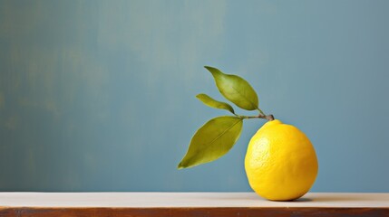  a yellow lemon sitting on top of a table next to a green leaf on top of a piece of wood.