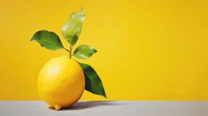  a lemon with a green leaf sticking out of it's back end on a gray surface with a yellow background.