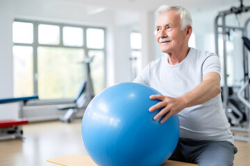Fototapeta na wymiar Senior Caucasian man doing exercise with a swiss ball at a gym