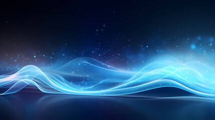 blue and white transparent energy wave made of small particles floating in a flowing pattern