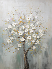 the white blossom tree in a gray frame on canvas
