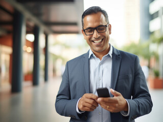 A close-up of a smiling, mature businessman, either Latin or Indian, using a smartphone in his office for digital business solutions.