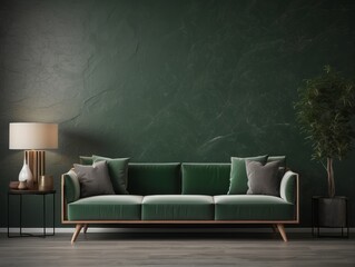 Green wall background, minimalist sofa, marble pattern wooden sofa, grey carpet, poster, lamp and frame