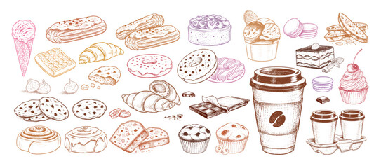Colorful sketch icons vintage vector illustrations collection of bakery and takeaway coffee - obrazy, fototapety, plakaty