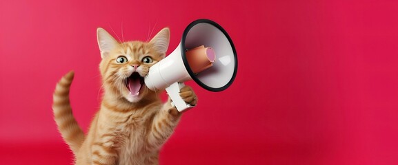 Cat announcing using megaphone. Notifying, warning, announcement. - obrazy, fototapety, plakaty