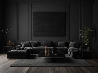 Dark living room interior with black empty wall