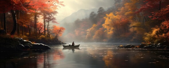 Fototapeta premium a single person canoeing down a river into the autumn foliage