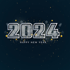 Happy new year 2024, new year celebration in black BG, stars, glitters and ribbons, festive illustration, white number 2024 sparkling confetti,