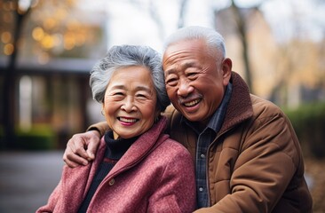 a smiling old couple hugging