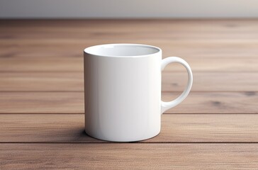 a white coffee mug is sitting on top of a table