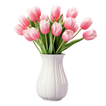 Beautiful pink tulip flowers in a vase isolated on white or transparent background, png clipart, design element. Easy to place object on any other background.
