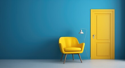 a yellow door, chair and blue wall yellow door - obrazy, fototapety, plakaty
