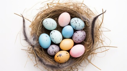 Obraz premium a bird's nest filled with colored eggs on top of a white table next to a bird's feather.