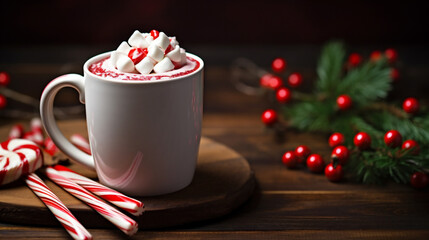Obraz na płótnie Canvas Cup of peppermint coffee mocha decorated with marshmellow and sprinkles of candy canes for Christmas on a wooden table with festive background. Generative AI