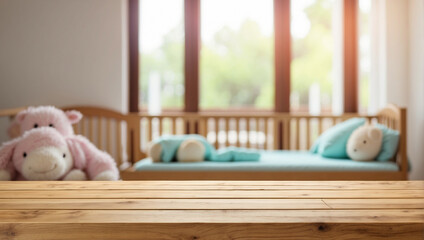 empty wooden table with blur baby bad room background - obrazy, fototapety, plakaty