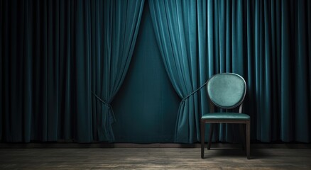 blue stage curtain in front of wooden chair